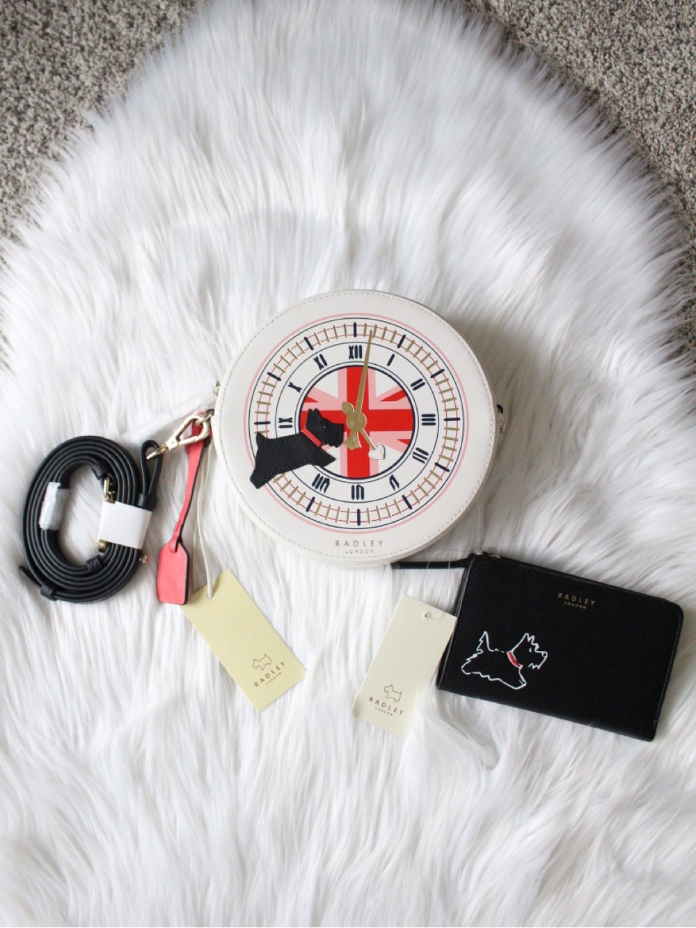RADLEY LONDON White Round Clock-Face Crossbody with Black Scottie Wallet